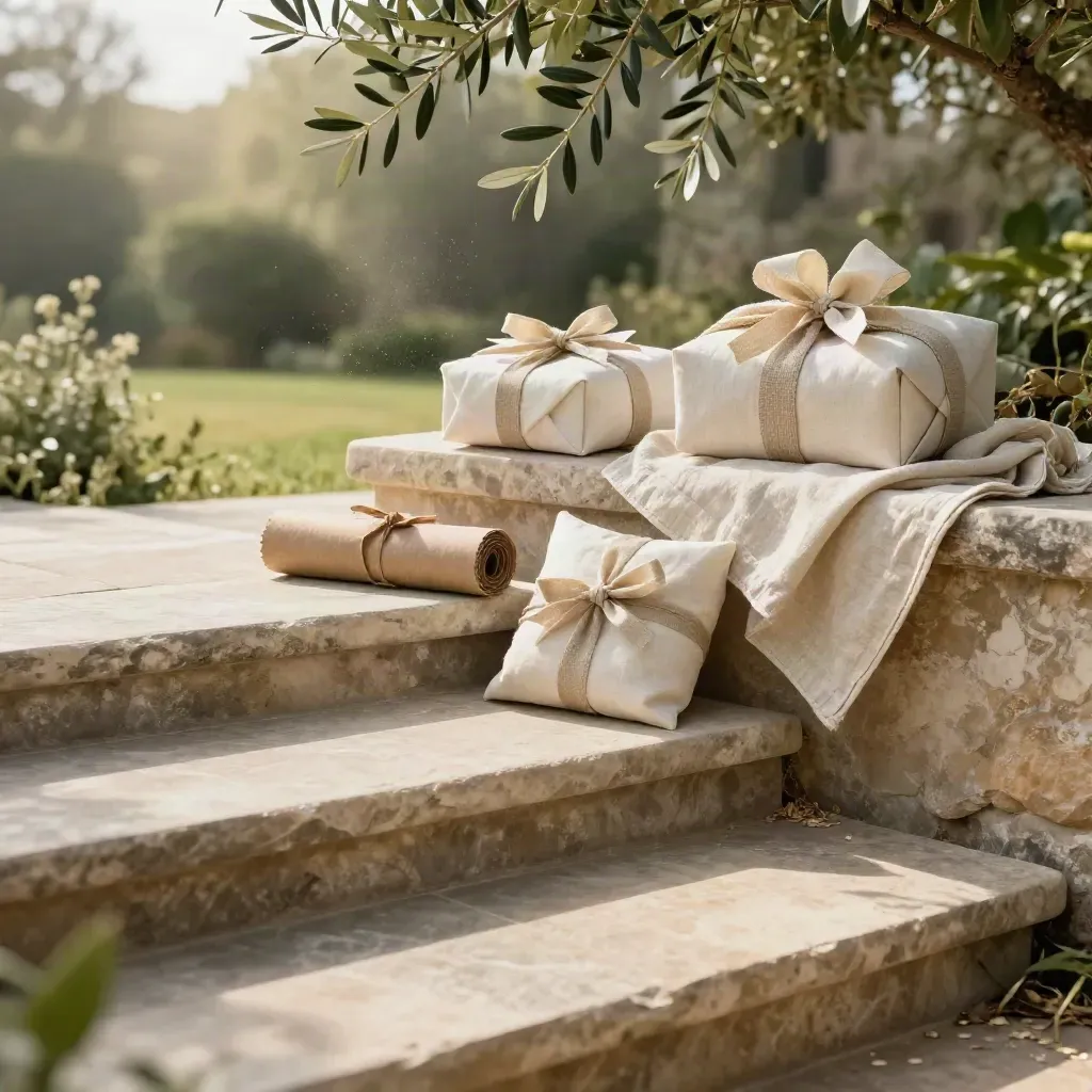Garden terrace with wrapped parcels, linen, and olive branches in soft golden haze.