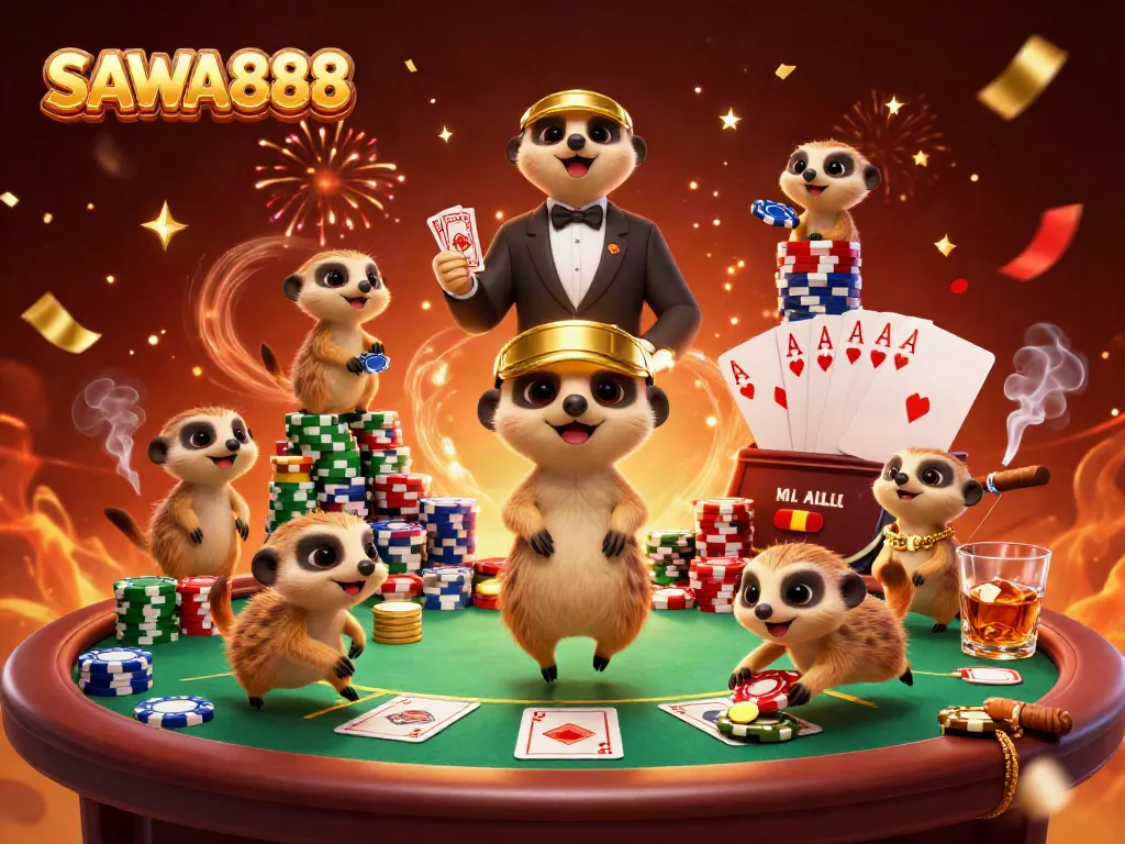 SAWA888 meerkats engage in a lively casino gaming scene with poker chips and community cards.