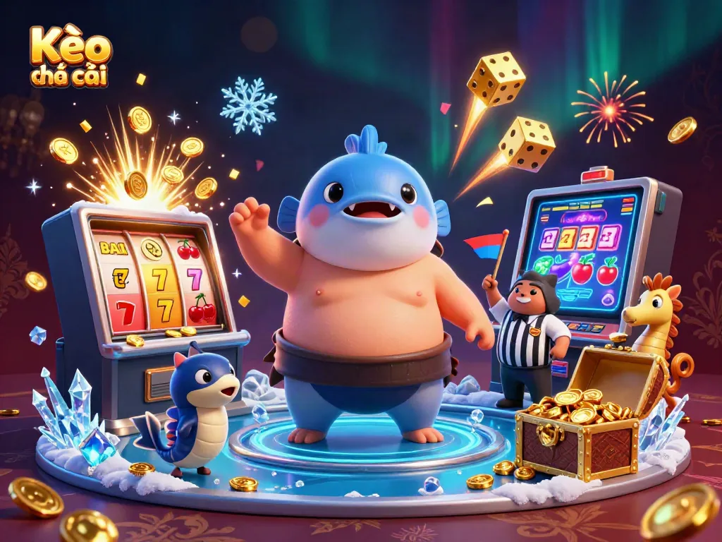 Experience Kèo nhà cái excitement with a dynamic underwater scene featuring a sumo fugu, catfish referee, and vibrant casino elements!