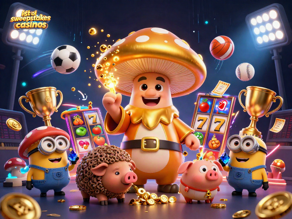 Engage with the list of sweepstakes casinos featuring a golden mushroom wizard transforming elements into riches amidst vibrant casino symbols.