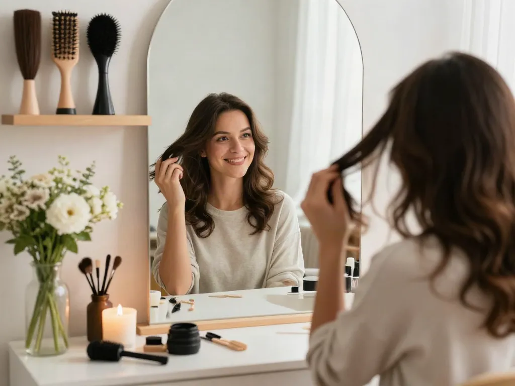Woman styling a human hair topper in a bright, cozy vanity setting with flowers and accessories.