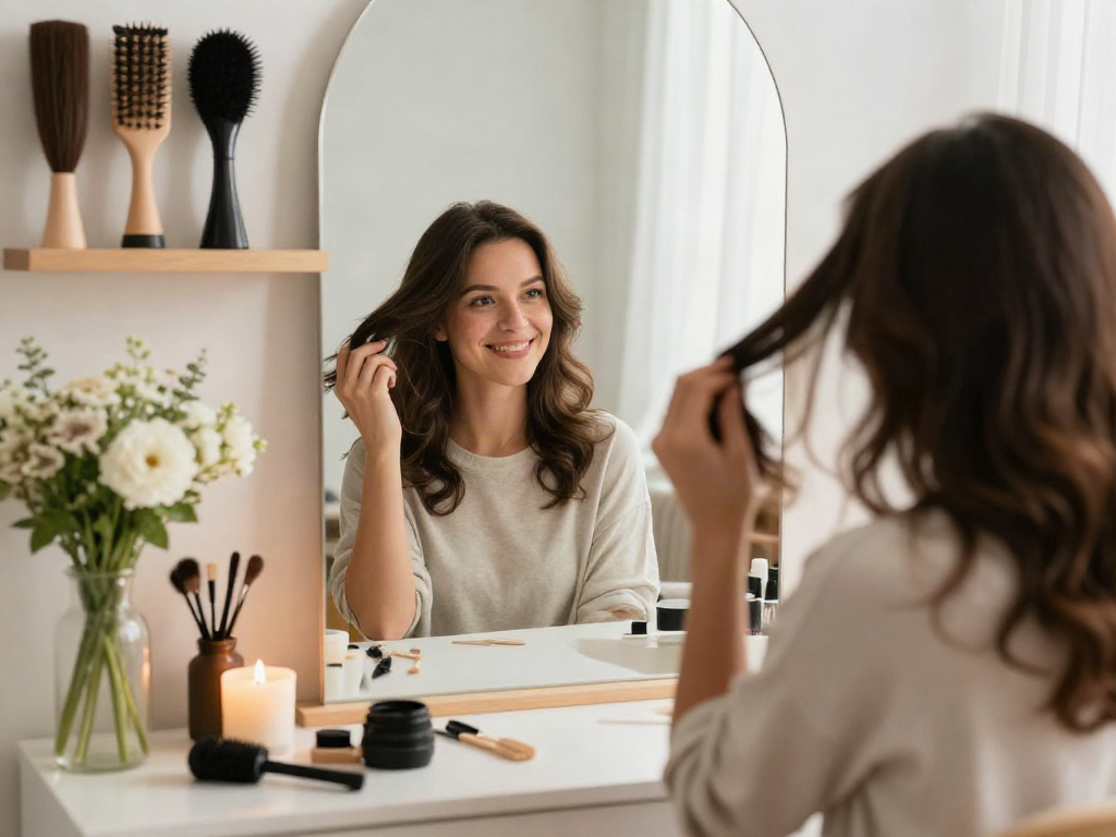 Woman styling a human hair topper in a bright, cozy vanity setting with flowers and accessories.