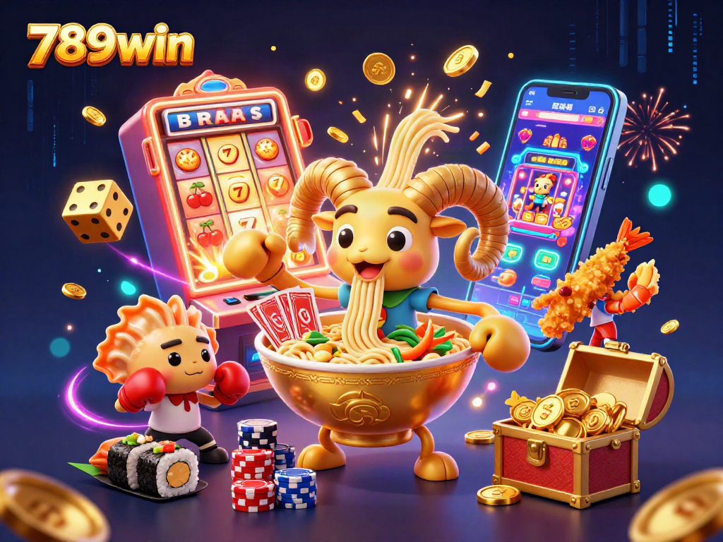 Engage with the thrilling world of 789win as a cartoon ramen bowl character deals cards amidst a vibrant casino scene.