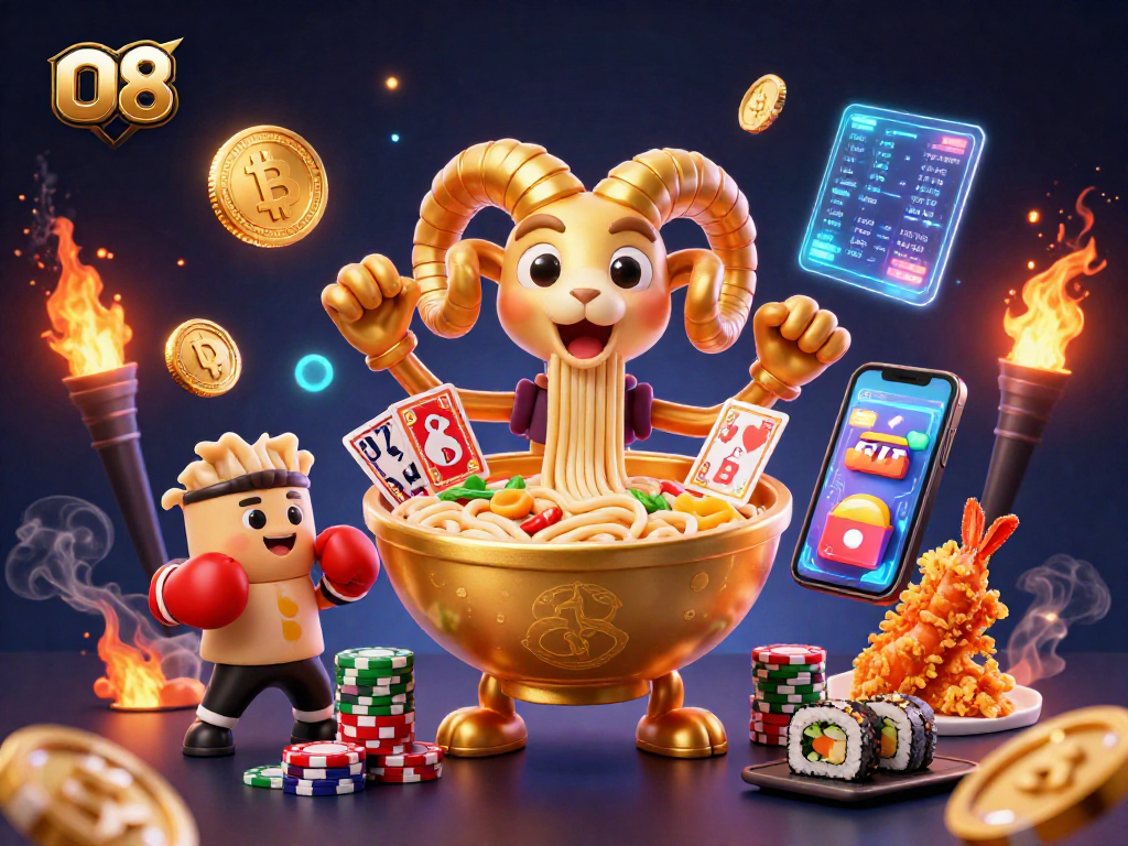 O8 casino scene featuring a giant ramen bowl, sushi dealer, and crypto elements in vibrant colors.