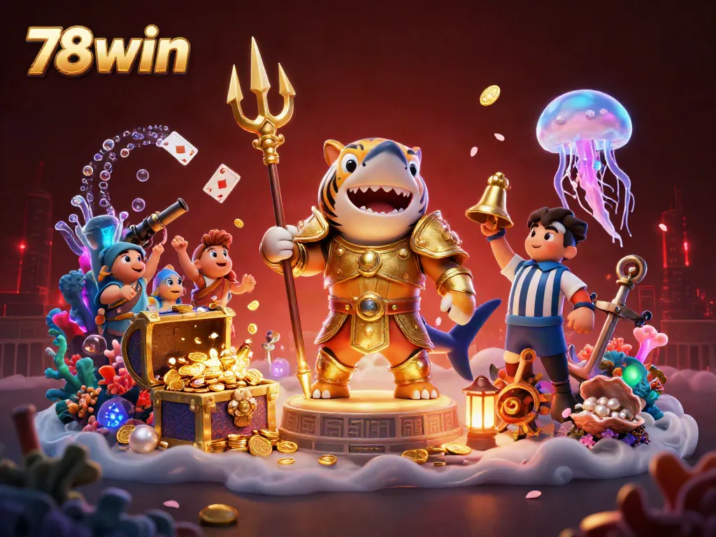 Experience thrilling underwater battles with a 78win action scene featuring a tiger shark, treasure, and fish.