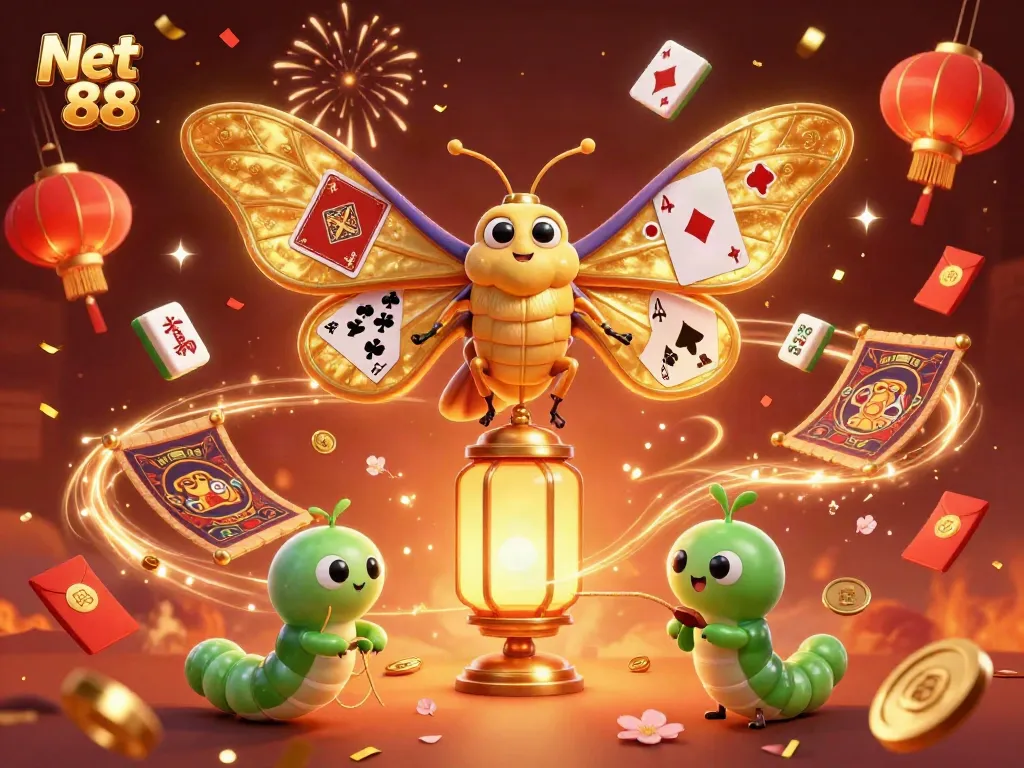Betting excitement at Net 88 with 3D golden moth and vibrant casino-themed elements.