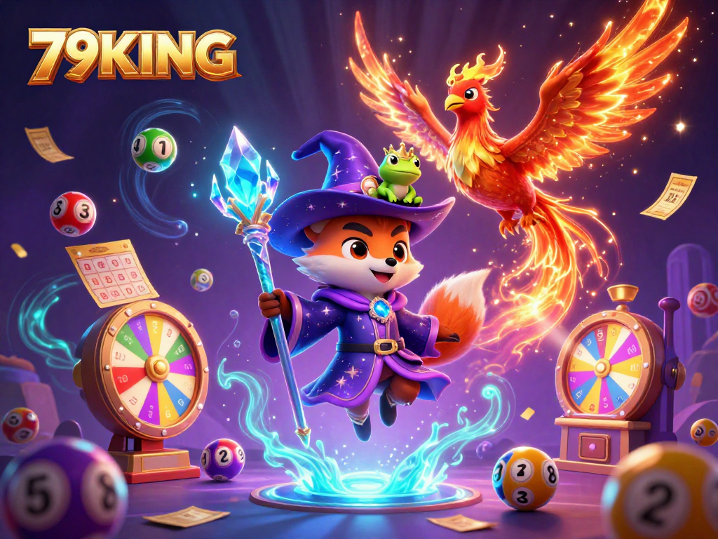 Engage with the magic of 79KING as a wizard fox and phoenix bring the thrill of winning with colorful lottery elements.