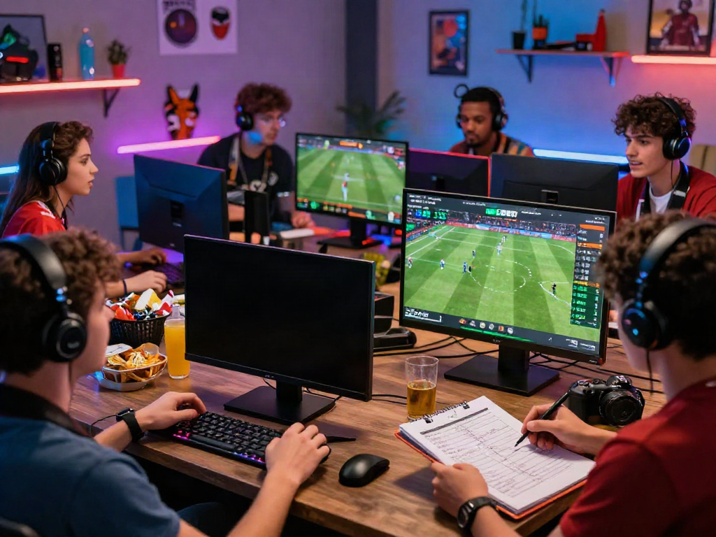 Exciting sports betting at https://debet.gb.net/ with friends enjoying live football, strategies, and snacks.
