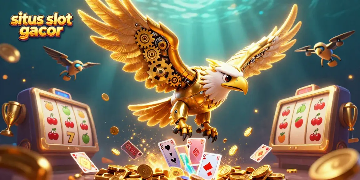 Experience the excitement of situs slot gacor with a stunning 3D golden eagle soaring through vibrant gambling elements.