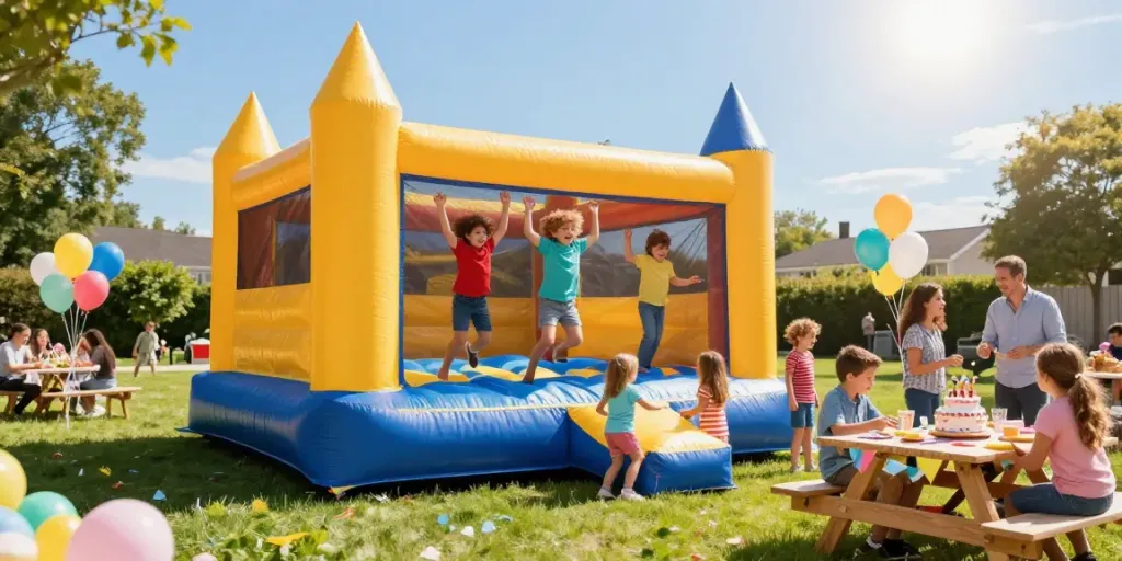 Kids enjoying a bouncy castle at a vibrant outdoor birthday party with colorful decorations.