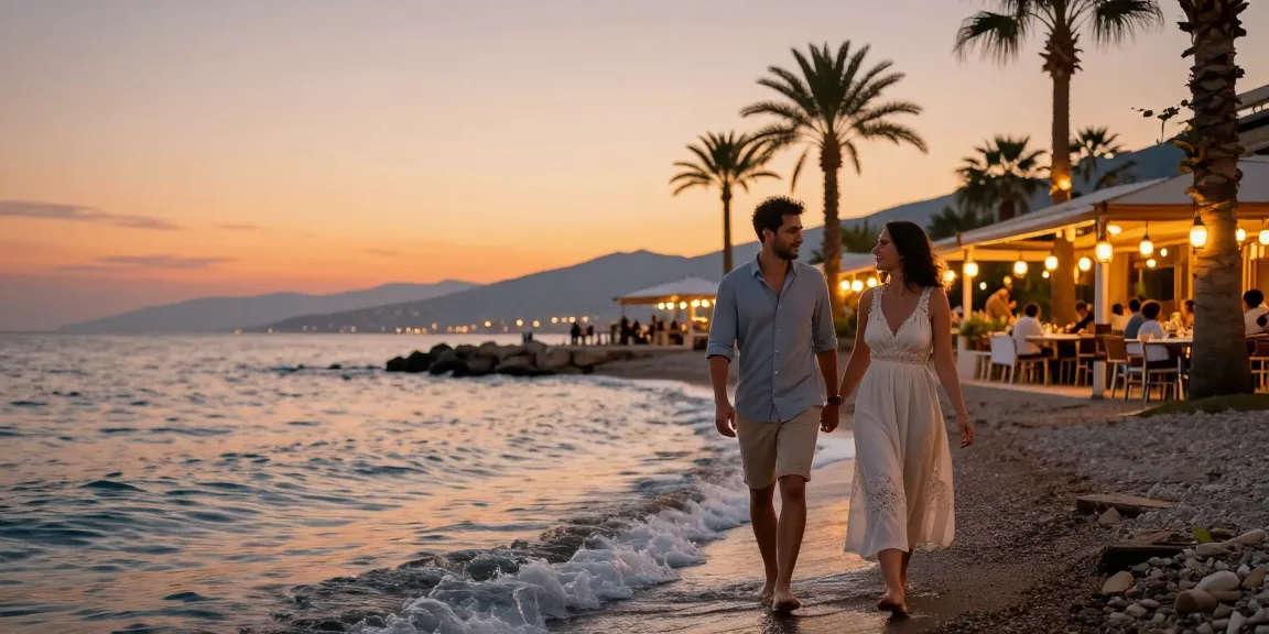 Antalya Eskort couple enjoying a sunset walk on the beach, romantic atmosphere, elegant seaside.