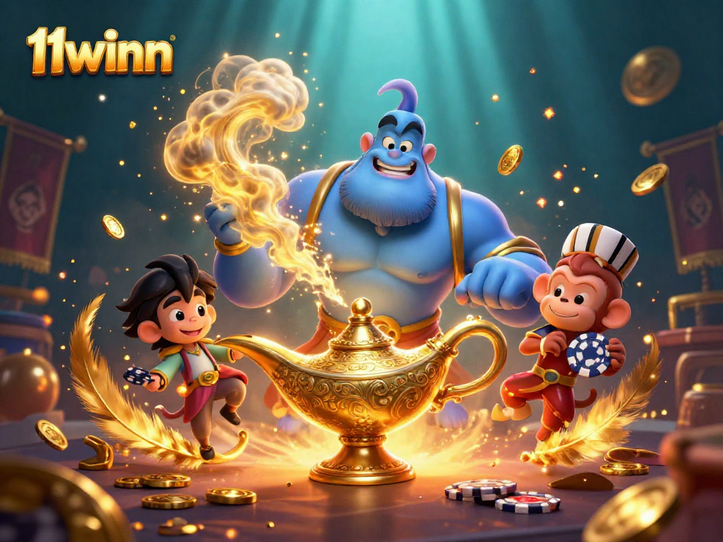 Experience the thrilling world of 11winn with a genie, monkey, and poker chips in 3D artwork
