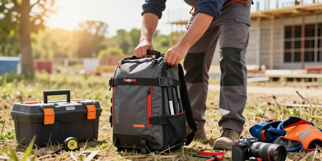 Technician organizing tools from a Knipex backpack at a construction site, showcasing versatility and functionality.