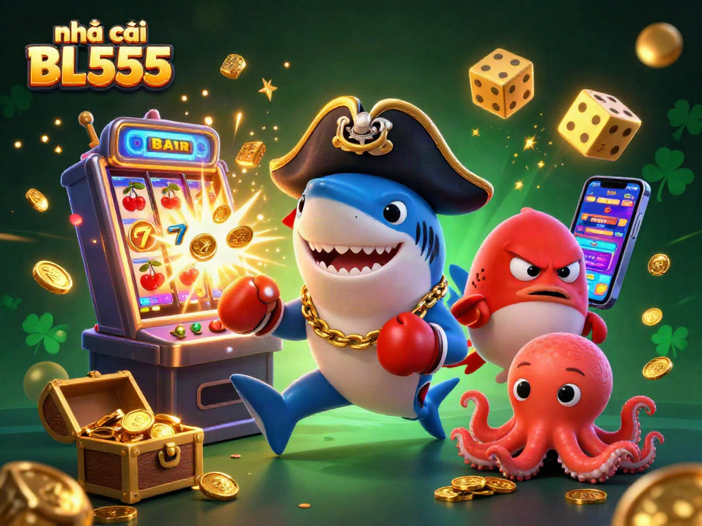 Engage with nhà cái BL555 as a playful pirate shark, pufferfish, and octopus amidst vibrant casino games.