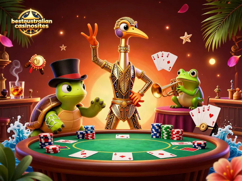 Join the excitement at bestaustraliancasinosites with this vibrant casino scene featuring unique characters and rich gambling elements.