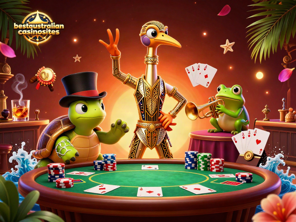 Join the excitement at bestaustraliancasinosites with this vibrant casino scene featuring unique characters and rich gambling elements.