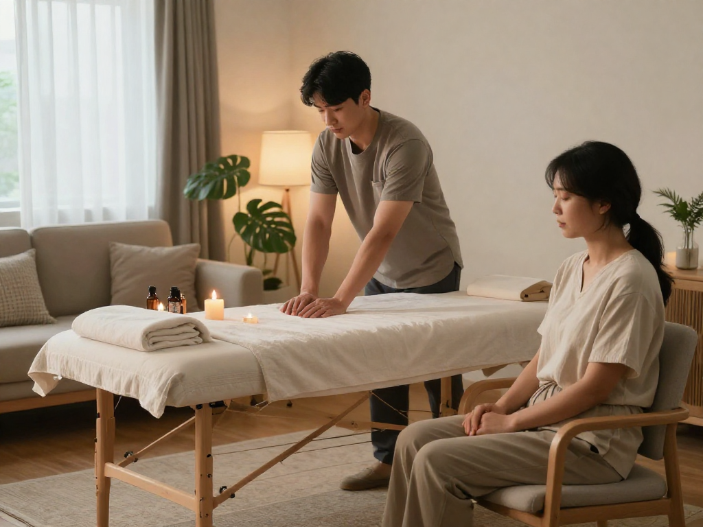 Relaxing home setting for 종로출장마사지 with a professional therapist preparing for a soothing treatment session.
