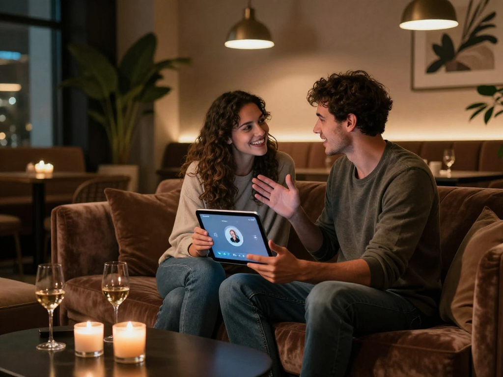 Couple engaging in ai sex conversation with AI assistant on tablet in a cozy lounge