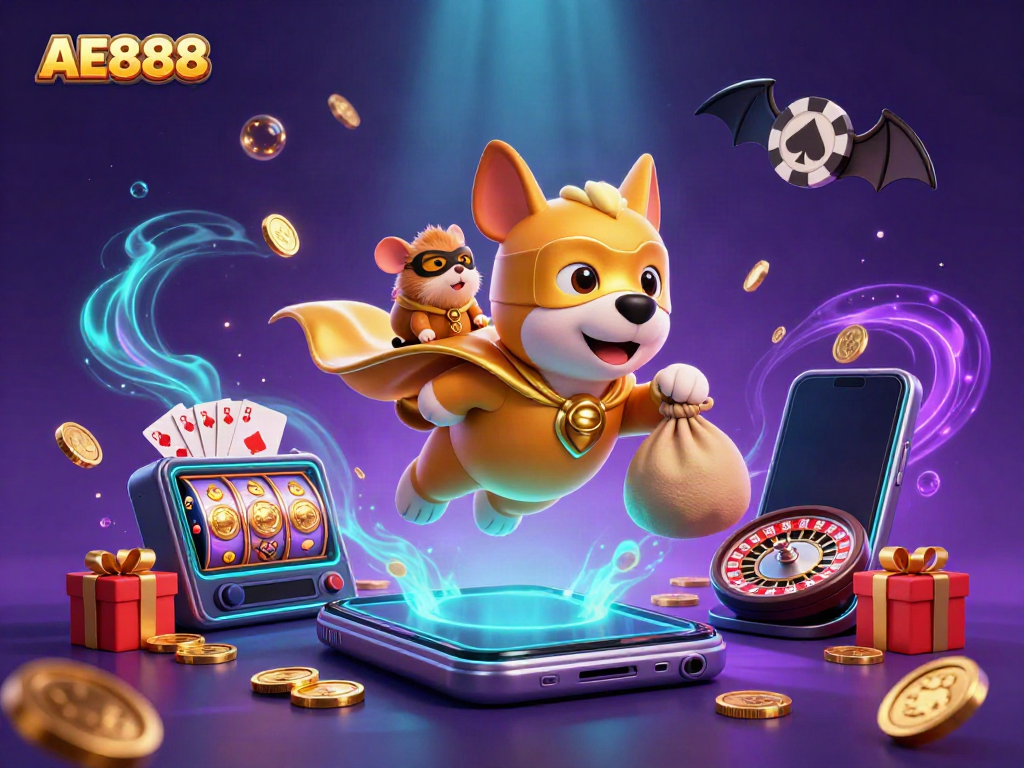 Experience thrilling gaming with AE888's superhero dog and vibrant casino elements.