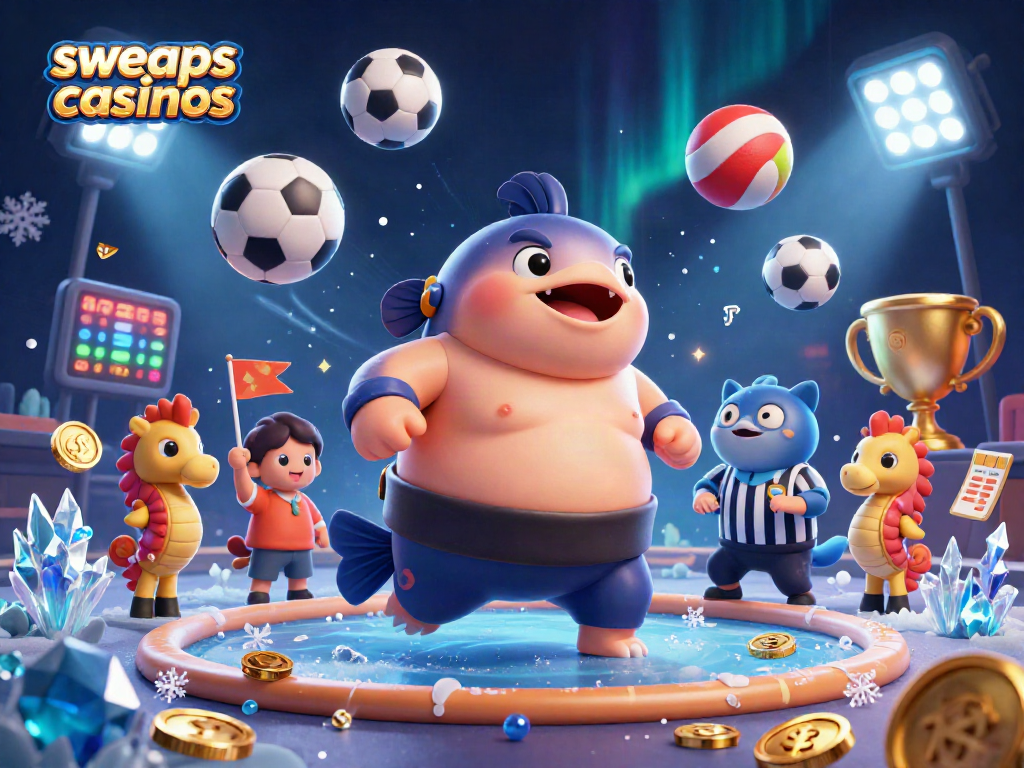 Engage in sweeps casinos with a vibrant 3D scene of a blowfish wrestler, catfish referee, and seahorse fans.