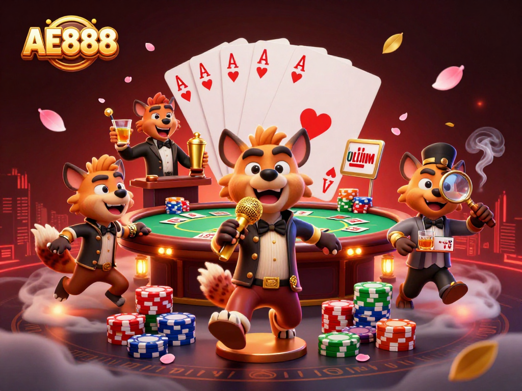 AE888's exciting comedy casino scene featuring animated hyenas at a poker table