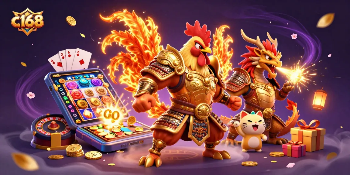 c168 features an epic battle scene with a warrior rooster, dragon, and slot games illustrating online casino excitement.