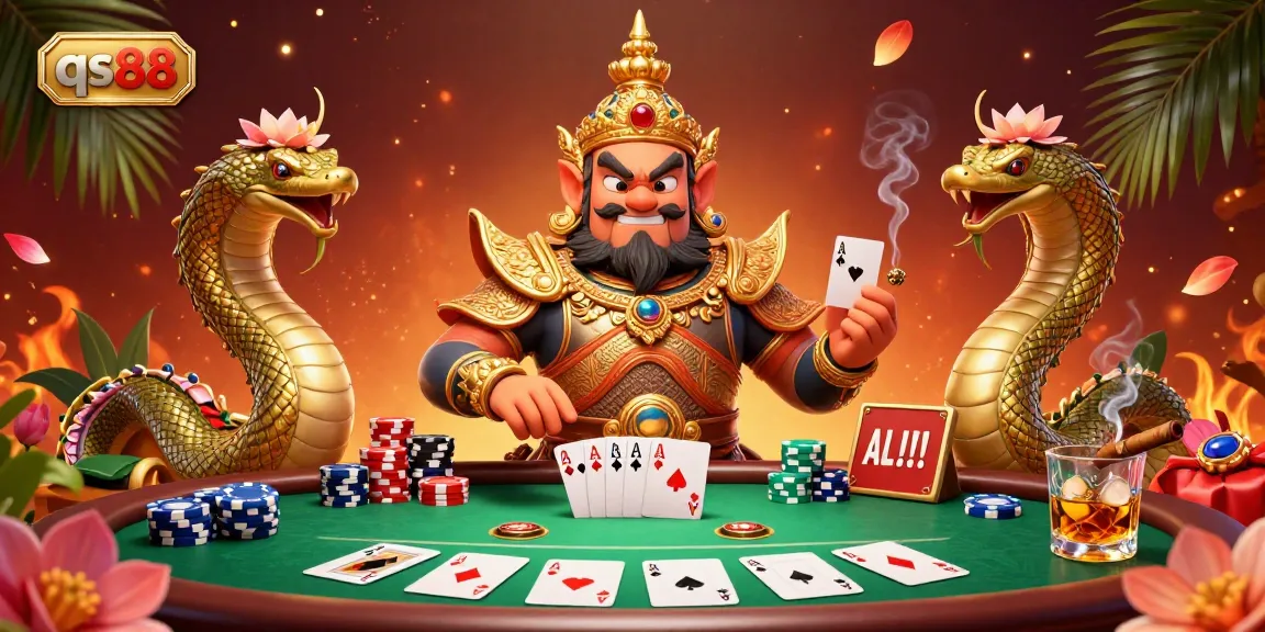 Join the action at qs88 with a vibrant poker scene featuring guardian and Naga serpents in a crucial game.