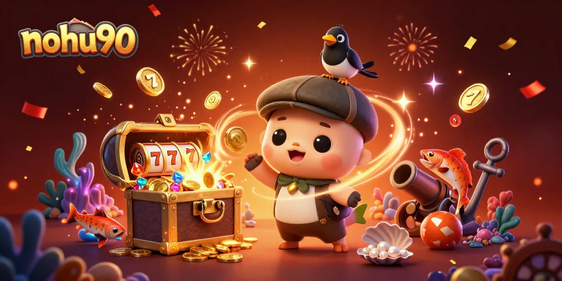 Play exciting games at nohu90 with vibrant 3D illustration featuring adorable characters and thrilling casino elements.