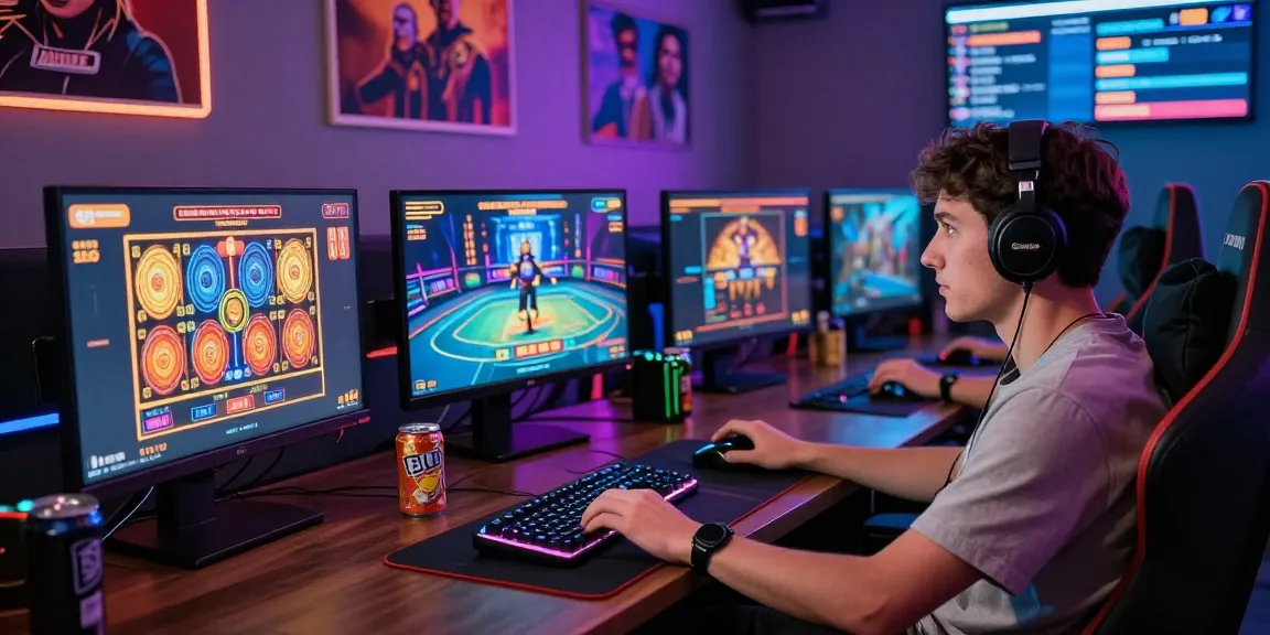 Sunwin gaming scene showing player engaged with vibrant desktop setup, multiple screens, snacks, and competitive atmosphere.