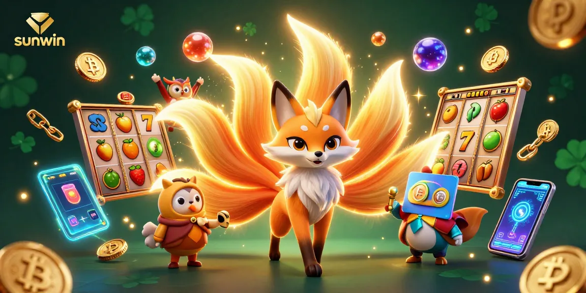 Spin and win with sunwin in this vibrant casino scene packed with animated game symbols and excitement.