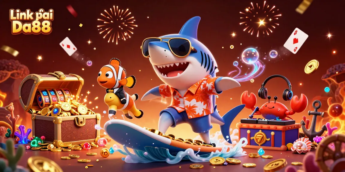 Experience thrilling gaming vibes with Link vào Da88 as cartoon characters dance in wealth.