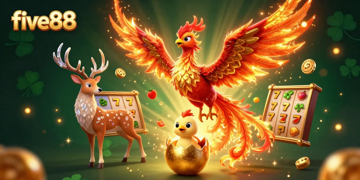 Experience the excitement of five88 with dynamic slot reels, phoenix characters, and vibrant casino action.