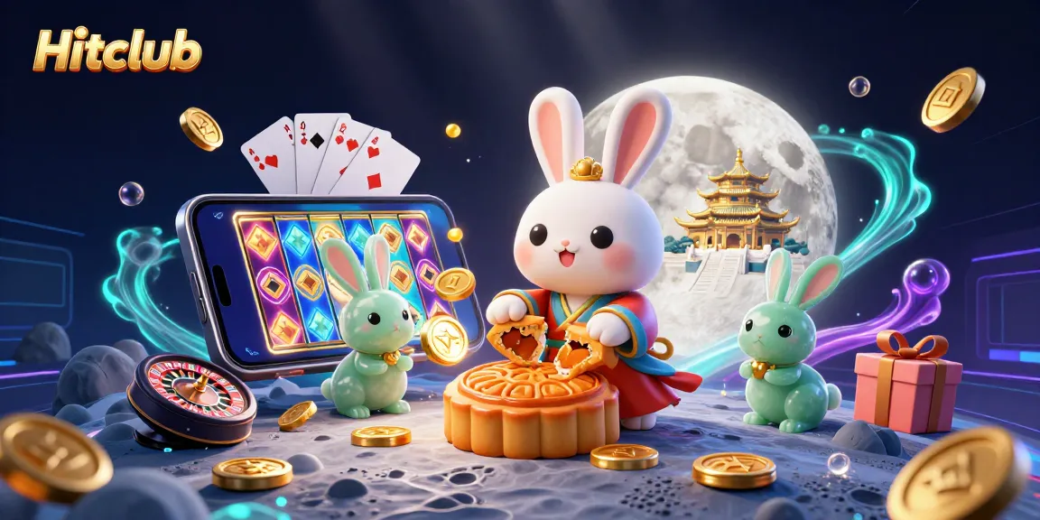 Hitclub's engaging gaming scene with a moon rabbit, slot game action, and vibrant casino elements.