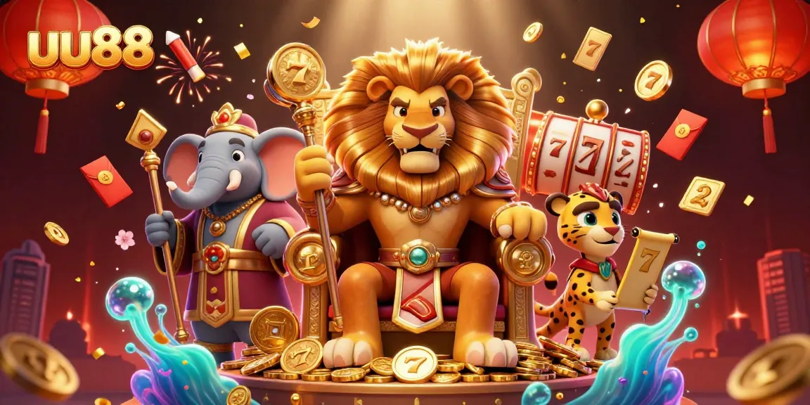 Win big with uu88 in a vibrant 3D casino scene featuring a lion king and golden treasures.
