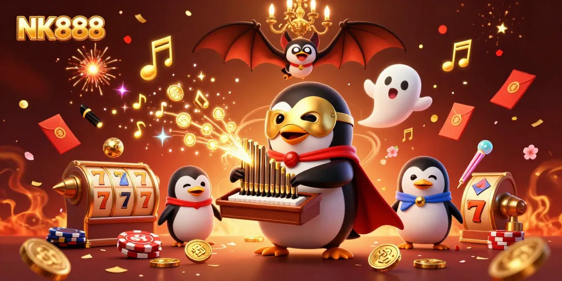 Experience the excitement of NK888 with a vibrant 3D casino scene featuring animated characters and slot elements.