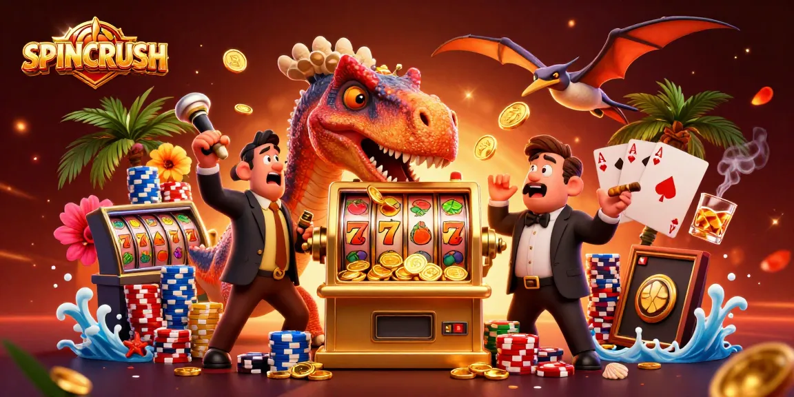 Experience the excitement of SPINCRUSH as a pachycephalosaurus triggers jackpot coins from a golden slot machine in a vibrant casino scene.