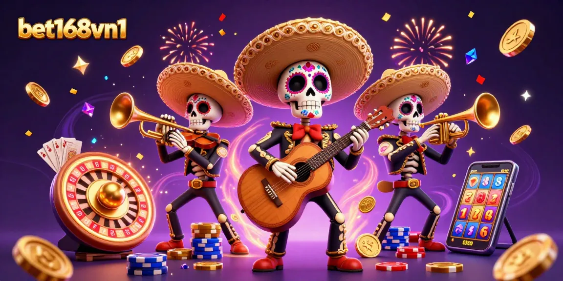 Experience casino thrills at bet168vn1 with a lively mariachi band amidst coins and slots.