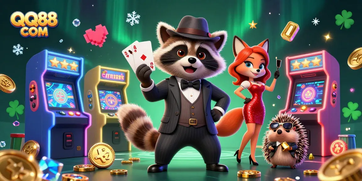 Experience the thrill at QQ88 COM with this vibrant casino illustration featuring unique characters.