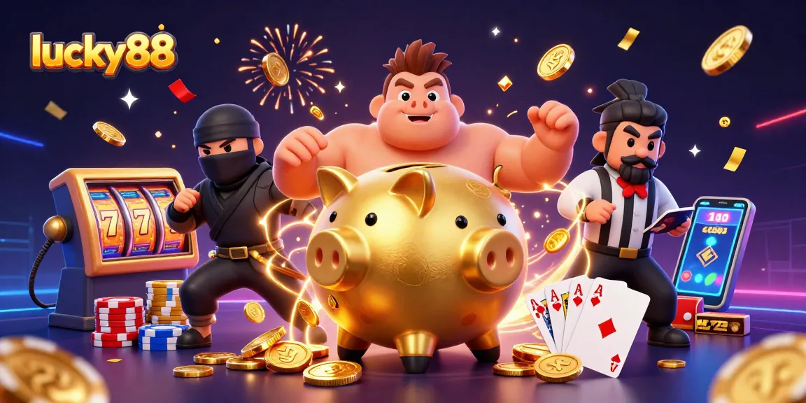 Win big with lucky88 as the golden sumo wrestler and ninja battle in a vibrant casino scene.