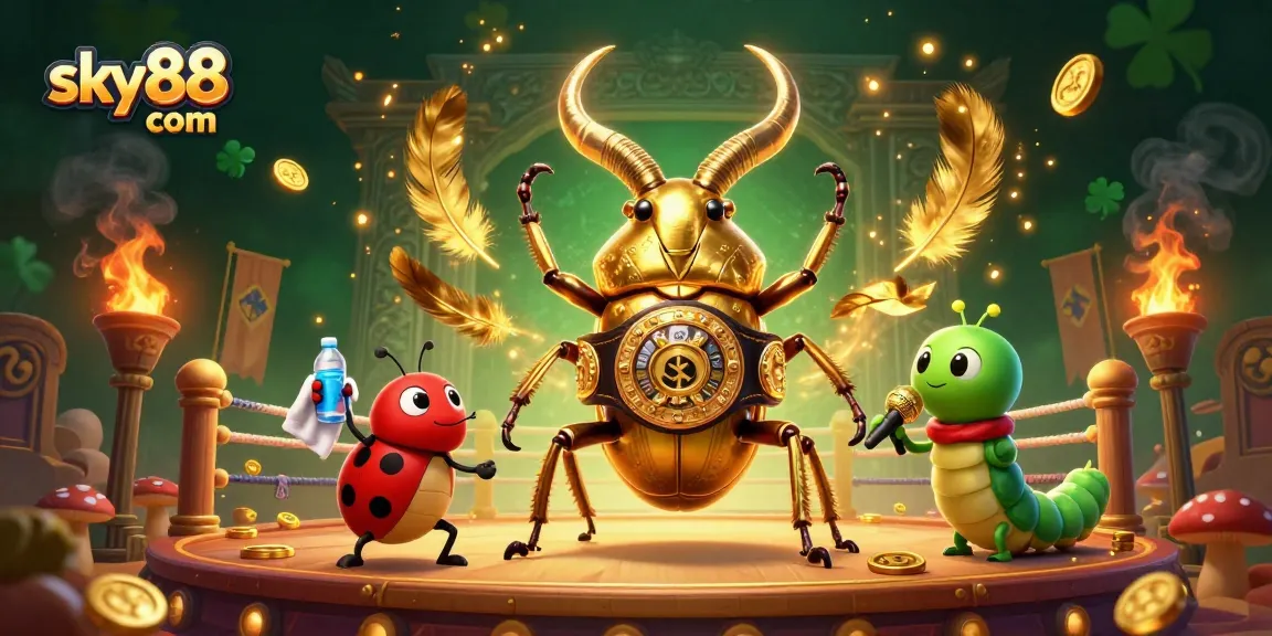 Experience thrilling gameplay at sky88 com with a 3D illustrated boxing beetle and casino elements.