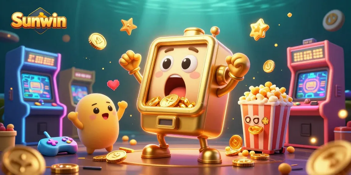 Sunwin slot machine hits jackpot, with coins pouring out in a vibrant casino scene.