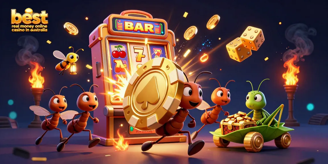 Experience the excitement at the best real money online casino in australia with a dynamic heist scene featuring charming ants and vibrant casino elements.