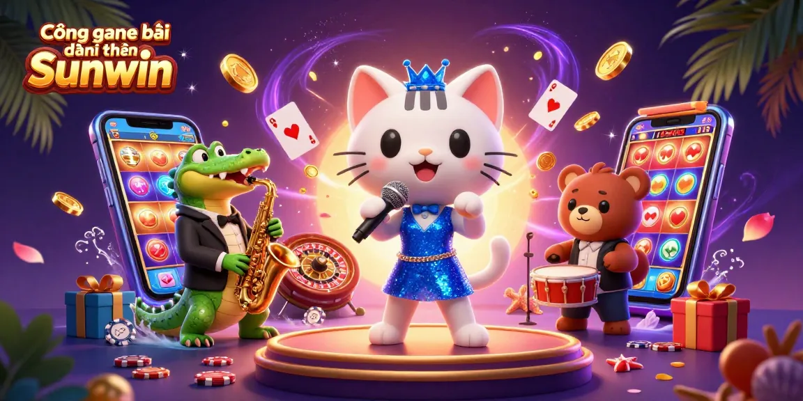 Cổng game bài đổi thưởng Sunwin welcomes players with a vibrant scene featuring a jazz-singer cat, a saxophone crocodile, and a drum bear in a lively casino atmosphere.