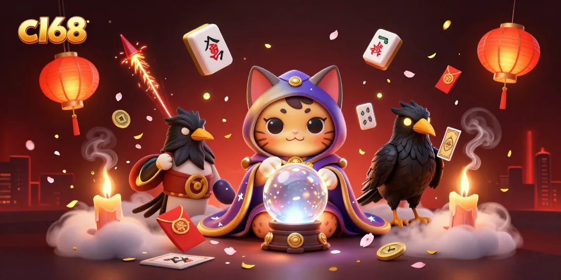 c168 features a mystic cat and tarot raven surrounded by casino elements, enhancing player excitement.