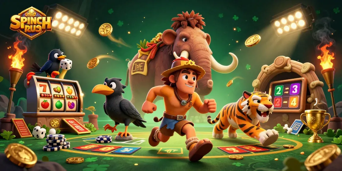 Experience SPINCRUSH with a dynamic casino scene featuring cavemen and exciting gaming elements.