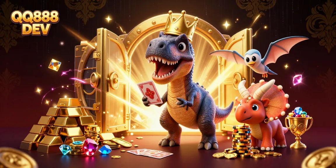 Experience the thrilling adventure of QQ888 DEV, where dino-themed characters showcase their gambling skills with vibrant casino elements.
