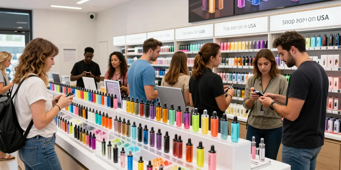Top disposable vapes shop in USA with diverse customers browsing colorful vape selections and vibrant displays.