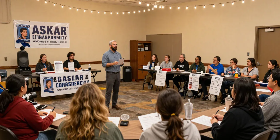 Casey Askar addressing local citizens at a town hall meeting, highlighting community engagement.
