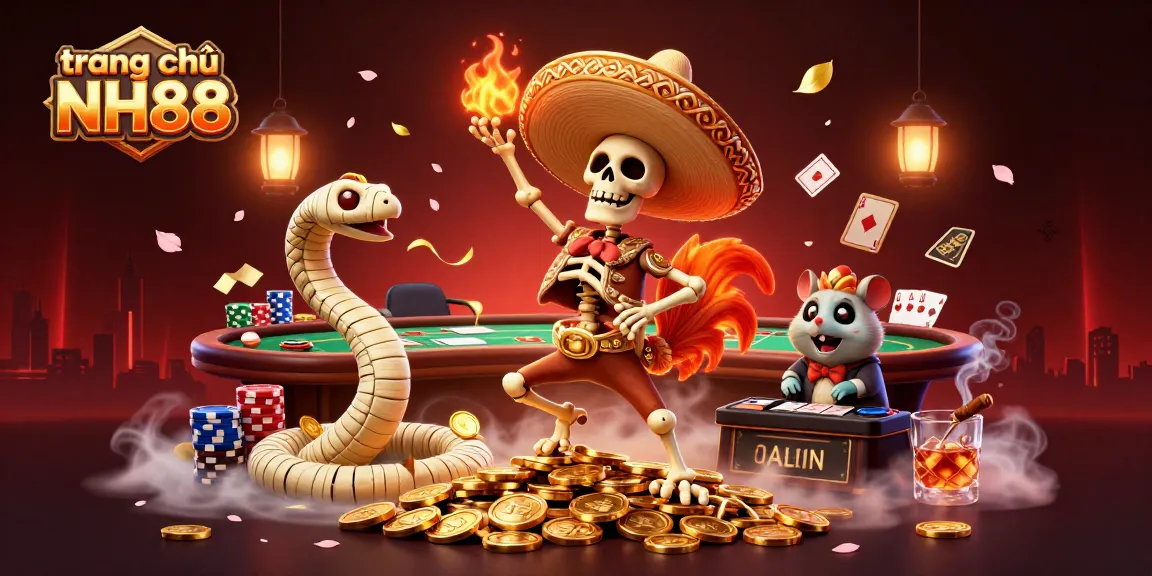 Capture thrilling moments on trang chủ NH88 with a vibrant scene featuring a dancing mariachi rooster, mummy snake, and DJ hamster amidst casino elements.