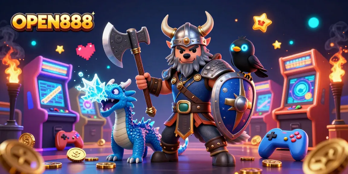 Join the thrill at OPEN888 with a Viking warrior, dragon, and exciting game elements!